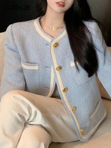 Damen Wollmischungen CJFHJE Quaste Elegante Tweed O-Ausschnitt Jacke Frauen Blau Chic Winter Wollmantel Weibliche Koreanische Mode Taschen Langarm Oberbekleidung 231110