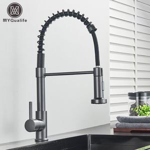 Kitchen Faucets Silver Gray Sink Faucet One Handle Spring and Cold Water Tap Deck Mounted Bathroom Matte black Crane 230411