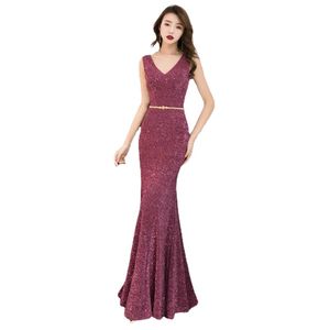 Ny aftonklänning Långt Sparkle V-ringning Kvinnor Elegant paljetter Mermaid Formal Evening Party Gown Dress Robe de Soiree