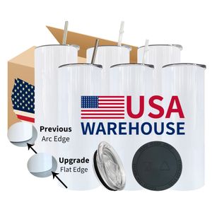 USA Warehouse White Blanks 20 uncji sublimacja kubki stalowe stalowe kubki do herbaty herbaty obrażony kubek wodny z plastikową słomką i pokrywką BB0412