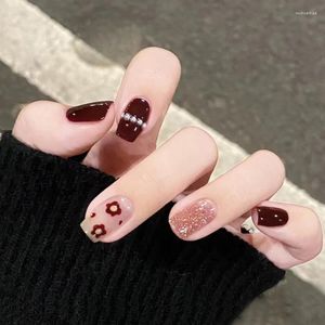 False Nails 24st Y2K French Camellia Pearl Sparkling Wine Red Art Set Press On Reusable Adhesive Fake Stick-On Eesthetic