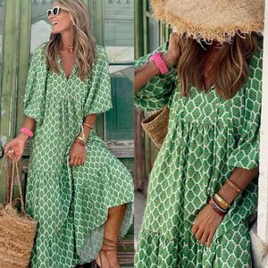 Casual Dresses 2022 Summer Boho Long Dress Women Floral Print Puff Sleeve Loose Maxi Dresses Elegant V-Neck Holiday Party Beach Dress Vestidos T230412