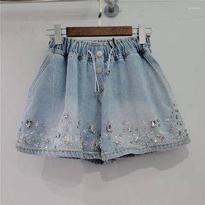 Damen Jeans 2023 Sommer Kurz für Damen Schwere Stickerei Pailletten Diamant HWide-leg Denim Shorts Damen Elastische Taille Jean Pants