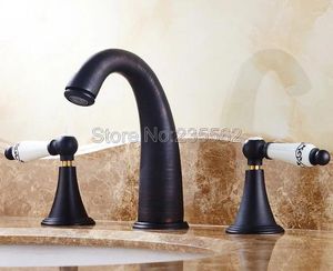 Banyo Lavabo Muslukları Havza Yağı Ovulmuş Bronz Siyah Mikser Musluk İki Tutamak 3 Delik Soğuk Su Muslukları LHG082