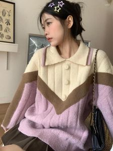 Women's Sweaters Knitted Sweater Women Korean Fashion Preppy Style Patchwork Pullover Female Autumn Winter Casual Long Sleeve Polo Collar