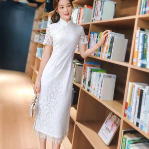 Ethnic Clothing 2023 Chinese Style Summer White Lace Cheongsam Dress Female Fringed Flower Mid-length Slim Retro Improved