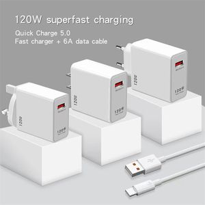 Adaptador de carregador de viagem de carga rápida 120W 5.0 Plugue de parede de carregamento rápido Carregador doméstico de viagem UE EUA AU Reino Unido Tomada com cabo de dados 6A no pacote da caixa