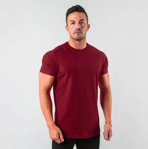 Summer Plain Tops Tees Fitness Mens T Shirt Kort ärm Muskeljoggare Bodybuilding Tshirt Male Gym Clothes Slim Fit 210721 All-Match