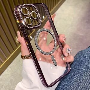 Luxury Glitter Wireless Charging Transparent Case For iPhone 14 13 12 15 Pro Max Plus Magnet Bumper Diamond Cover