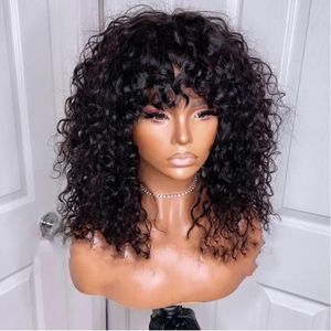 250 Densitet Remy Brasiliansk kort lockig peruk med lugg mänskligt hår afro kinky Curly peruk Highlight Glueless Full Synthetic no Spets Front Wig Wig