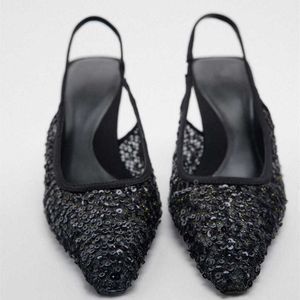 Nowe sandały kobiety letnie cekiny wysokie obcasy pointe palce czarne obcasy buty buty kobietę seksowne pompki panie bling sztyletto sandał 230406