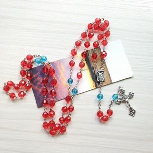 Collane con ciondolo Coroncina religiosa Ragazze adolescenti Cresima Catena di perline rosse blu Rosario Medaglia della Madonna Crocifisso cattolico Croce Collana a Y