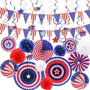 Novelty Items July 4th Patriotic Party Pennant Banner Set USA Independence Day Holding Flag Hanging Paper Fan Party Decoration Supplies Gifts Z0411