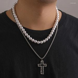 Pendant Necklaces 2023 Men Gothic Black Cross Pendent Necklace With Chain Charm Handmade Pearl Beaded Layered Jewelry Gifts