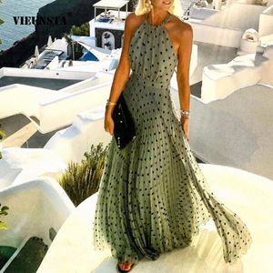 Women's Swimwear Fashion Sexy Halter Print Pleated Long Dress Women Sweet O Neck Beach Cover-Ups Robe Summer Sleeveless Casual Boho Maxi Sundress 230412