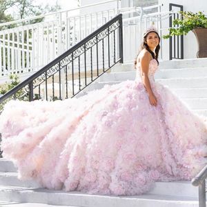 2024 ثياب الحبيب الوردي Quinceanera قبالة كتف الخرز الزهور Tull Sweet 16 فستان Vestidos de XV 15 Anos