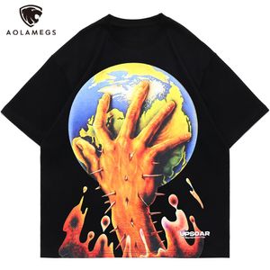 Men's T-Shirts Aolamegs Men Horror Hand Earth Printed T-shirt Summer Gothic Hip Hop Style Tee Tops Cotton Oversized Short Sleeve Men's Clothing 230412