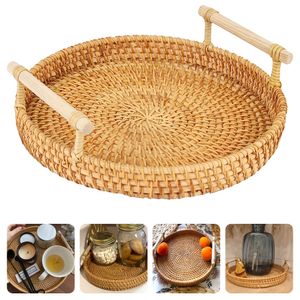 Breakfast Display Storage Wicker Basket Organizer Rattan Tray with Handle Round Wicker Food Plate Fruit Basket