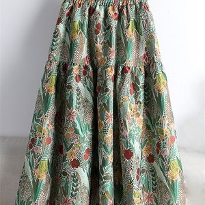Skirts Qooth Spring Stitching Jacquard Flower Embroidery Mid length A-line Women's High Waist Unique Elegant Skiing QT1676 230412