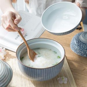 Skålar japansk snabb nudel skål isolerad soppa med lock keramiskt värmebeständig ång ångad ägg bordsartiklar