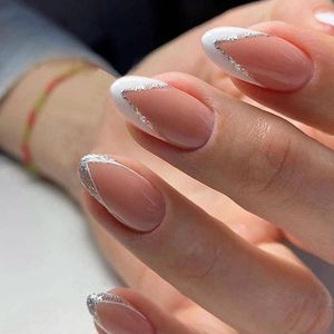 False Nails 24pcs Box Fake French Manicure Nail Art Oval Head White And Silver Rim Design Artificial With Glue Faux Ongles