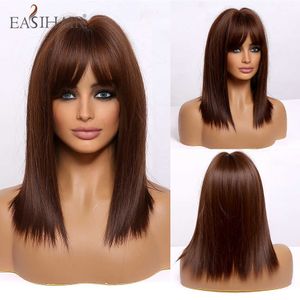 Synthetic Wigs Easihair Auburn Red Brown Straight Bob Wigs for Women Synthetic with Bangs Daily Cute Natural Hair Wig Heat Resistant 230227