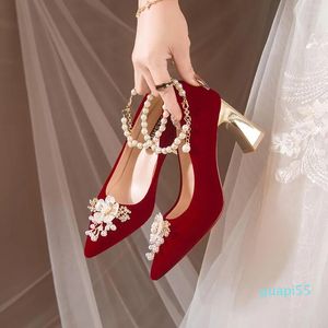 Elbise Ayakkabı 2023 Şık Zarif İnci Gelin Kadınlar Stiletto Topuklu Kadınlar İçin Sivri Yüksek Düğün