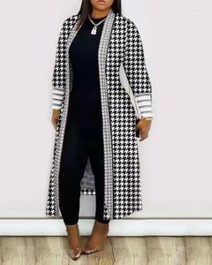 Kvinnorjackor för kvinnor 2023 Autumn Fashion Houndstooth Print Open Front Casual Long Sleeve Daily Longline Coat