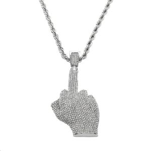 Iced Out Gold Silver Hip Hop Bling Erect Middle Finger Hands Pendant Crystal Necklace for Men Gift