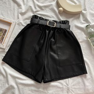 Women's Shorts Soft women's plain paper bag leather shorts with front pocket autumn and winter artificial leather wide legs high waist shorts khaki suit* 230412