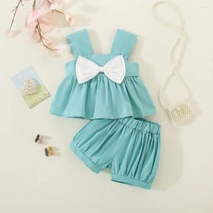 Girl Dresses 0-2 Year Old Solid Color Children's Dress Set Summer Casual Bow Top And Bottom Pants Vacation Sports Beach Baby Clothes