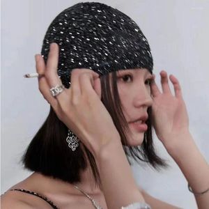 Береты Корейский дизайнерский стиль Y2k Блестящая холодная крутая уличная вязаная шапка Осень-зима Девушка Блестящая модная вязаная сумка Шапочка на голову