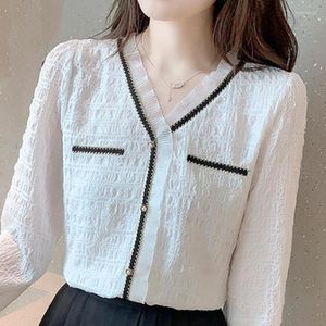Kadın bluzları dantel beyaz şifon gömlek v yaka uzun kollu bluz bahar yaz zarif giyim 2023 Kore tarzı ofis bayan kadın için