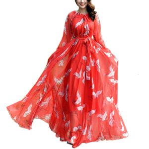 Etnik Giyim Boho Kırmızı Baskı Şifon Plajı Maxi Elbise Bir Çizgi Müslüman Moda Uzun Kollu Kadınlar Elegant Party Travel Po Pography 230411