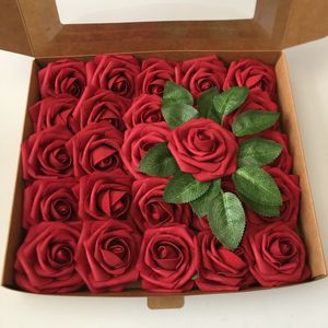 25pcs/box artificial foam flower white roses hot pink roses bouquet wedding flowers decoration