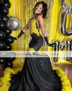 Czarne sukienki na studniowe dla kobiet 2023 Żółte aplikacje kantarka Szyjna Suknie wieczorowe Suknie marszki de Bal dziewczyny gali noszenie