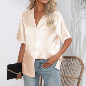 Women's Blouses Short Sleeve Shirt Summer Solid Satin Silk Button Up Blouse Loose Office Ladies Tops Blusas Casual Shirts Elegant 26107