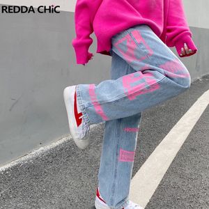 Kvinnors jeans reddachic y2k jeans kvinnor grafiska rosa casual byxor raka breda ben trendbyxor kvinnlig tyg koreansk mode streetwear 230412