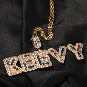 Färgglad initial bokstav Anpassad namn Pendant Necklace Personlig bling Prong Baguette Cubic Zirconia CZ 18K Real Gold Hip Hop Diy Anniversary Jewelry for Men Women