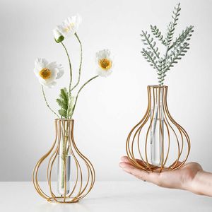Vases Nordic Simple Style Glass Vase Hydroponic Plant Flower Vase Iron Geometric Glass Test Tube Metal Plant Holder Home Desktop Decor P230411