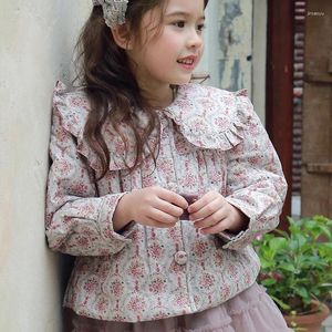 Jackor 2023 Autumn Produkt Koreanska barn- och flickors vintage Flower Färg Filigree Edge Clip Cotton Thin Coat