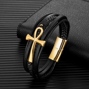 Charm Armband Mkendn Simple Classic Cross Egyptian Ankh Life Symbol Antique Multilayer Leather Armband Men 316L Magnetic Clasp Wrap Bangle 230412