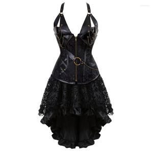 Bustini Corsetti Donna Gotico Steampunk Abito corsetto Costume da pirata Bustier in pelle PU Top con gonna asimmetrica in pizzo floreale