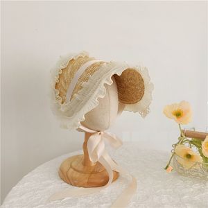 Caps Hüte Ball Französisch Lolita Stil Säuglingsbaby Kind Mädchen Sonnenhut Weizenstroh Handgemachte Webart Modeaccessoires Prinzessin Strandkappe Kinder Sommer 230412