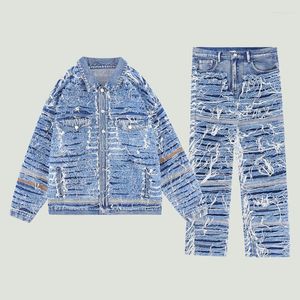 Men's Tracksuits Fashion Men's Distressed Denim Suits Streetwear Harajuku Solid Color Loose Spliced Cowboy Jackets And Jeans 2 Piece