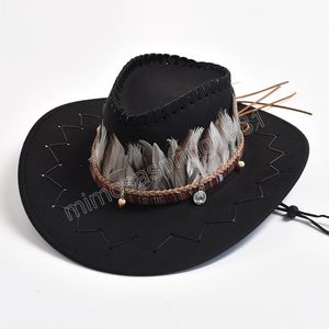 Retro fjäder västra cowboy hattar för män kvinnor faux mocka breda grim cowgirls jazz cap utomhus resor solhatt