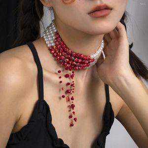 Catene Collana di perle gotiche Girocollo Pendente creativo con nappa e clavicola con goccia di sangue di Halloween