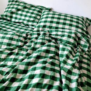Set di biancheria da letto in cotone lavato in lino retrò verde a scacchi fresco lenzuola federe con angoli