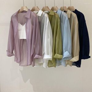 Blouses femininas ebaihui chiffon mulheres camisas finas perspectiva de verão botão up blusa sólida coreana moda de manga longa lady tops 2023