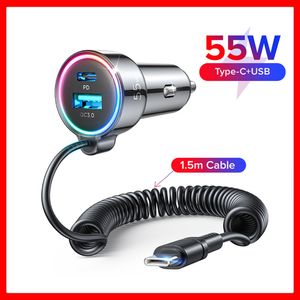 USB-C-Autoladegerät, 55 W, 3-Fast-Port, superschnelles Autoladegerät PD QC3.0 mit 1,5 m 30 W superschnellem Typ-C-Spiralkabel für Samsung Car-Charge, Autoladegerät, Autoladegerät, Schnellladung